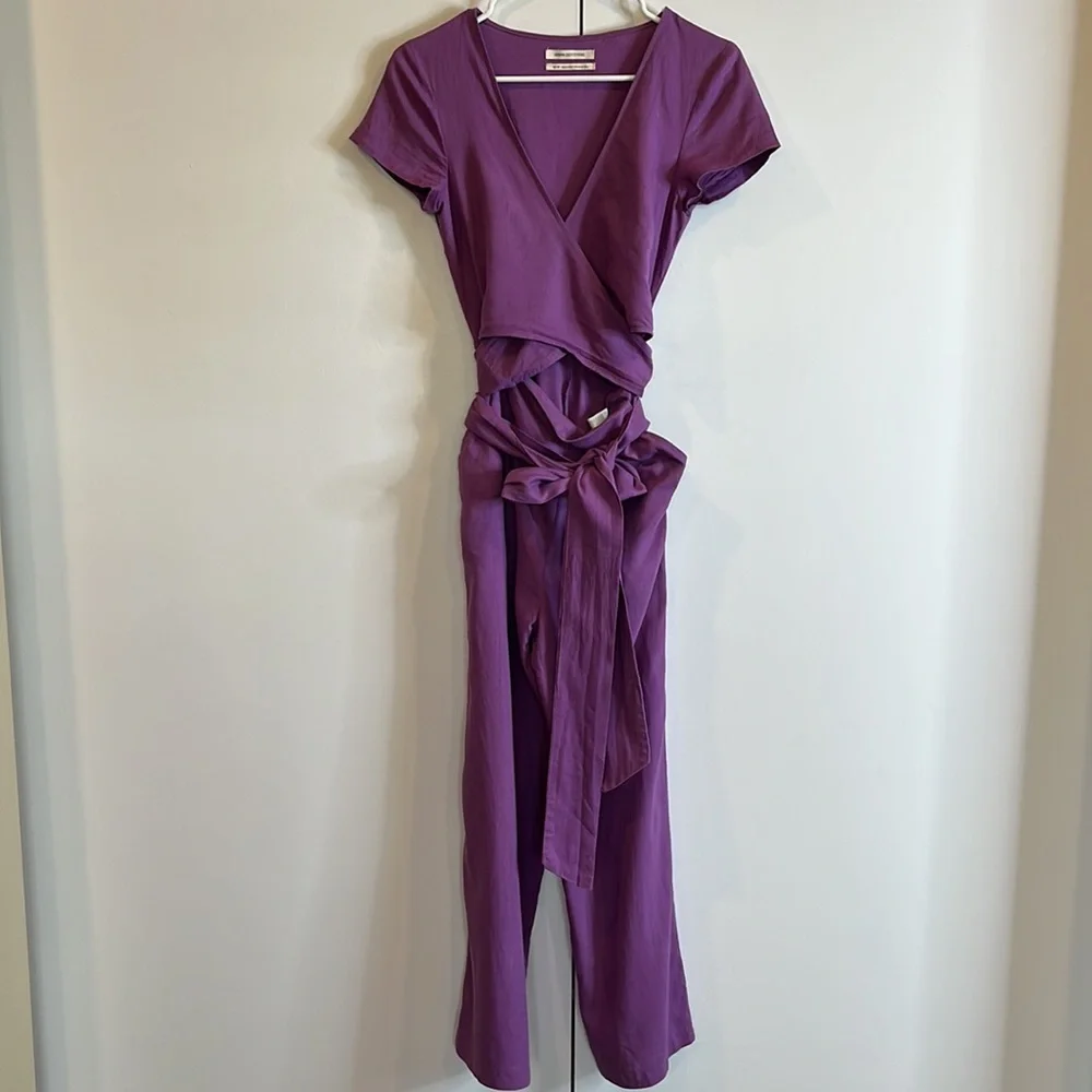 Urban Outfitters Purple Wrap Jumpsuit Linen Blend Wide Leg